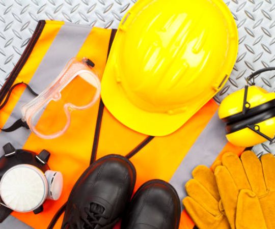 Industrial protective workwear shoot from above on diamond-plate background. Includes hard hat, safety glasses, earmuff, gloves, respiratory mask, steel toe shoes and safety vest. The predominant color is yellow, a color mostly used in safety items. Studio image taken with Canon EOS 5D Mk II